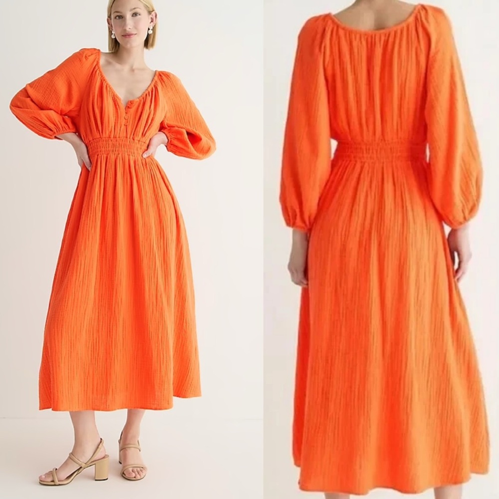 J. Crew V-neck Orange Midi Dress in Soft Gauze S Small